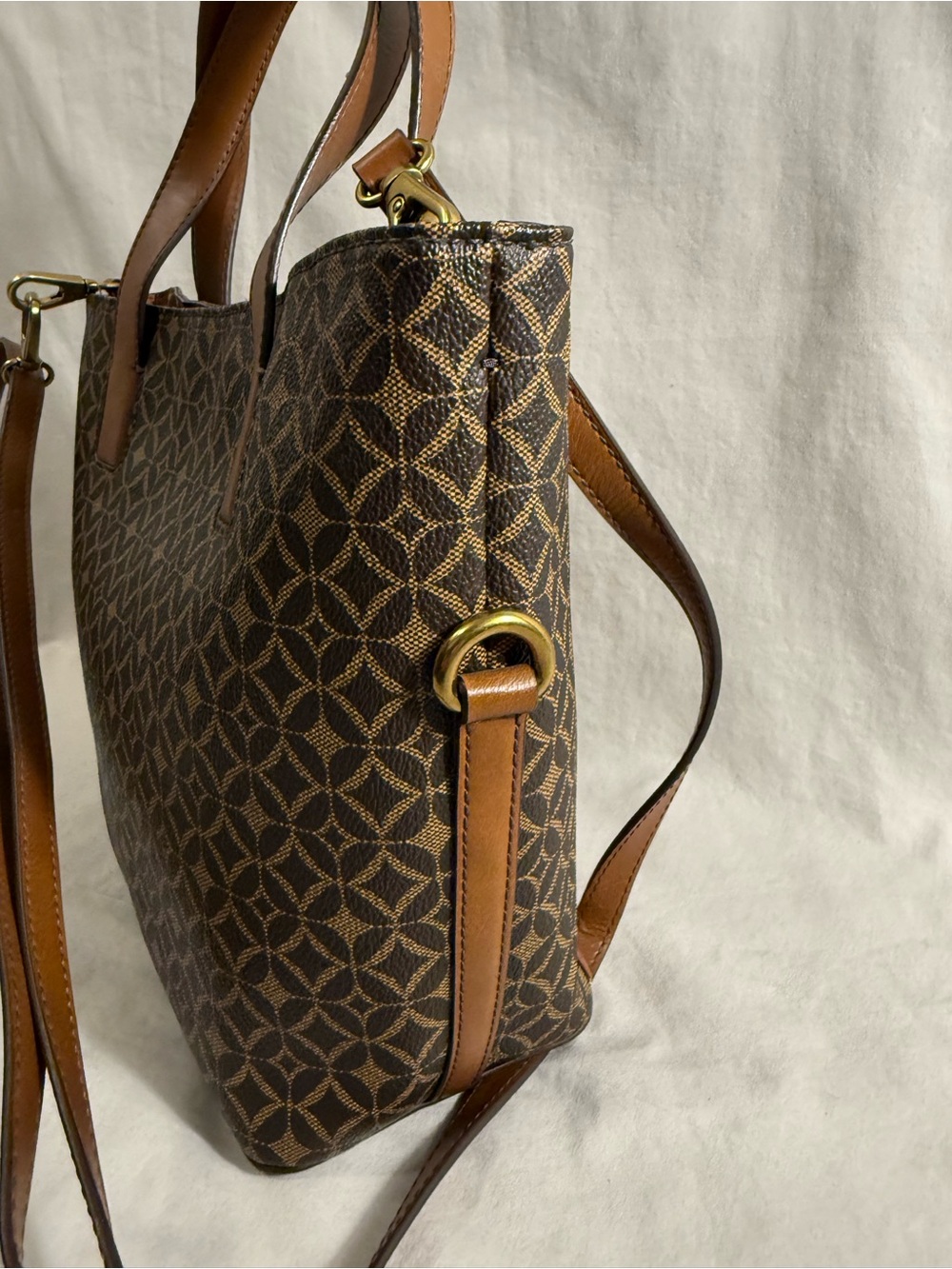 Fossil Brown Patterned Canvas and Tan Leather Tote - Picture 3 of 4